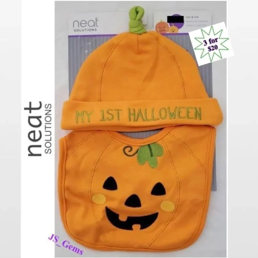 New Neat Solutions Bib & Hat Baby OS Orange Pumpkin Halloween Kid Set NWT Unisex